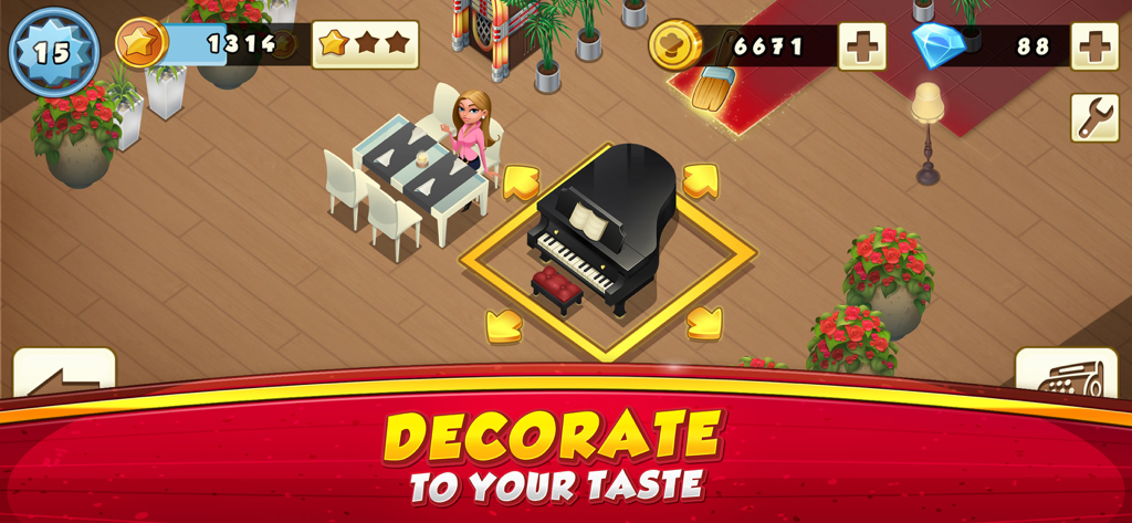 World Chef - Customize and decorate your luxury restaurant interior with furniture like a grand piano in World Chef