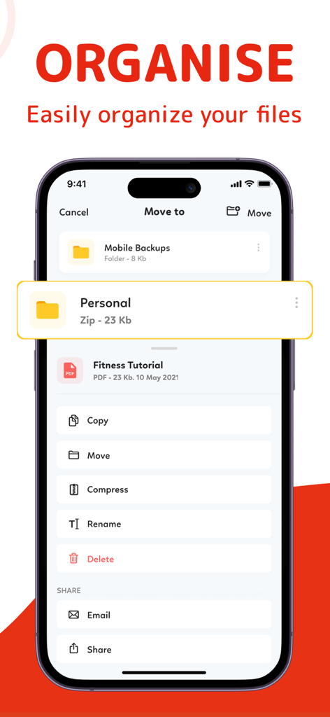 PDFファイルのコピー、移動、圧縮、名前変更オプションを示すモバイルアプリインターフェイス