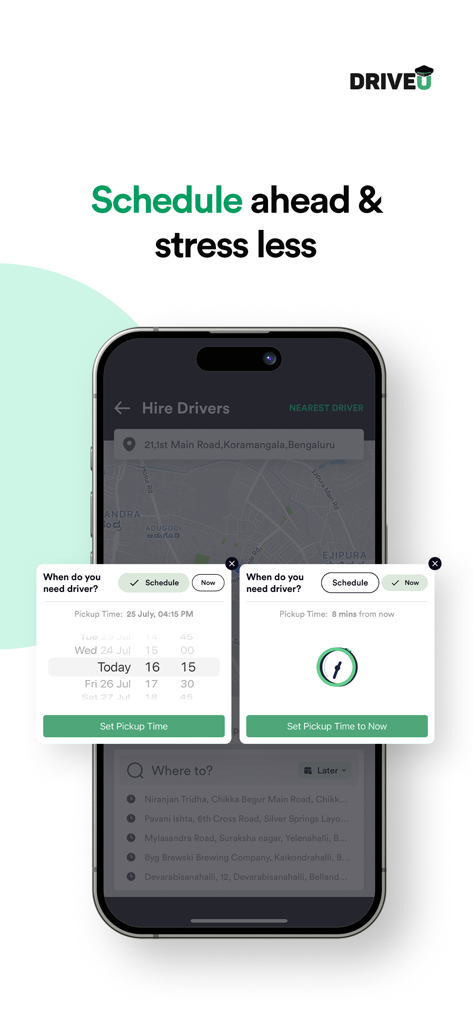 DriveU mobile app screen displaying the option to schedule a driver in advance or book one immediately