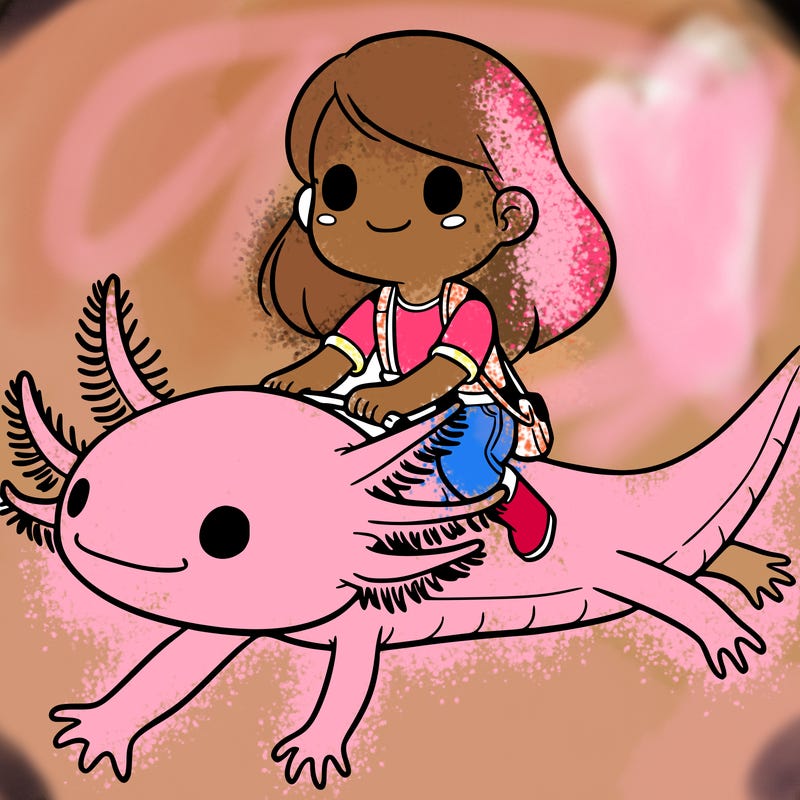 girl ridding a axolotl
