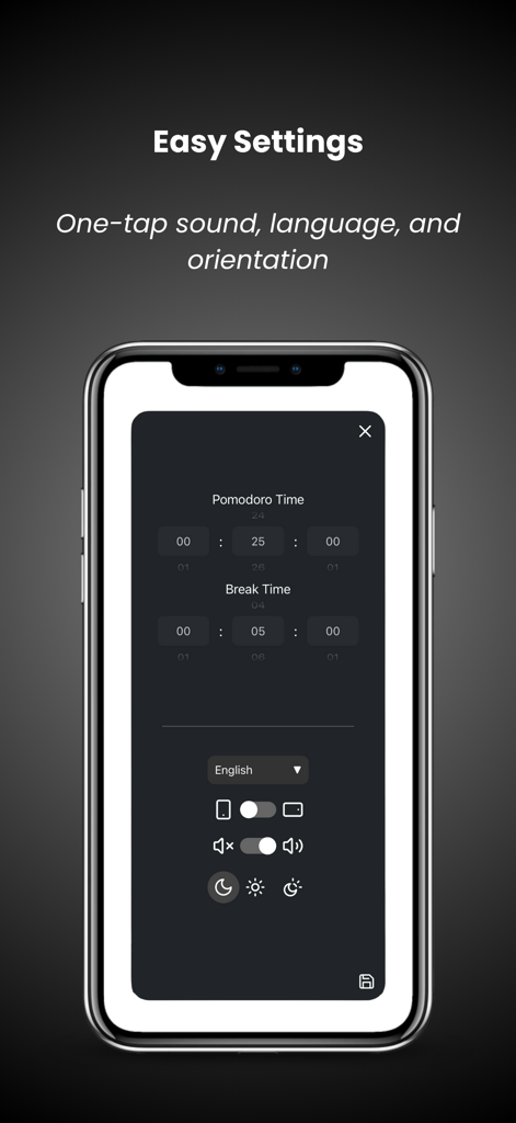 セッション時間、言語、表示モードのオプションを示すSimple Pomodoro Focus Timerアプリの設定画面。
