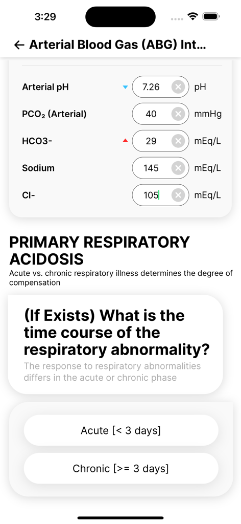 AvoMD - AvoMD app screen showing an arterial blood gas interpretation tool with a diagnosis of primary respiratory acidosis.