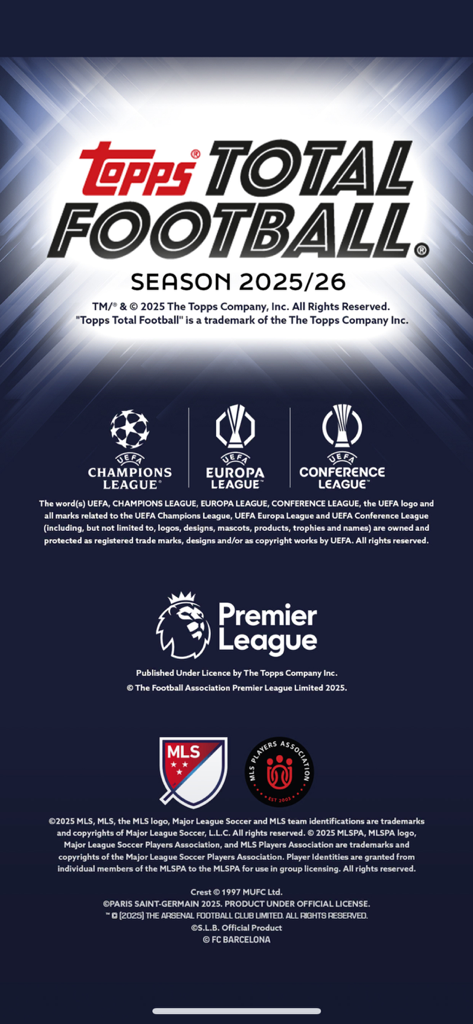 Topps Total Football® - Topps Total Football Season 2025-26 splash screen featuring official logos for the Premier League, UEFA Champions League, and MLS.