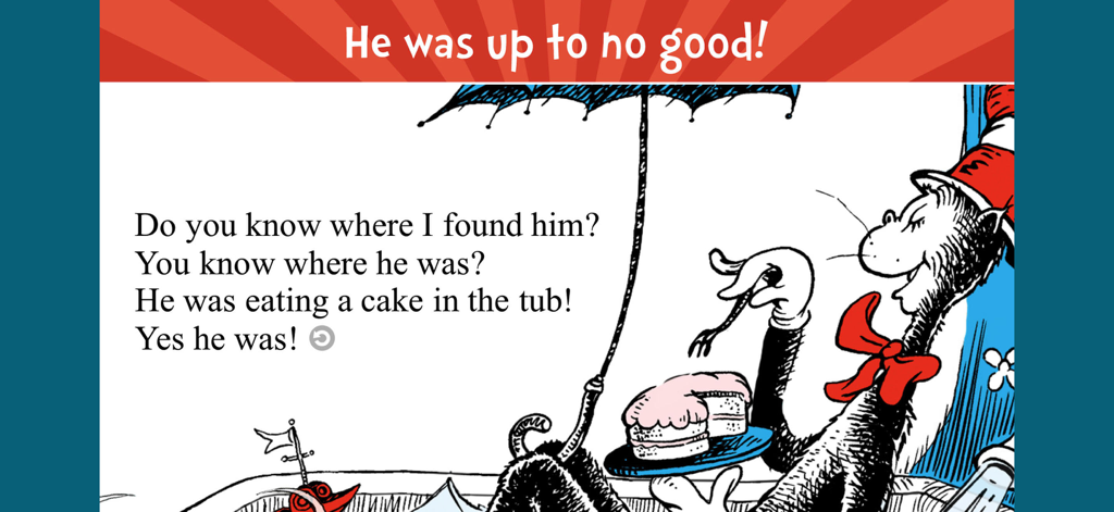 O Gato da Cartola comendo um bolo rosa sentado em uma banheira com o texto interativo da história