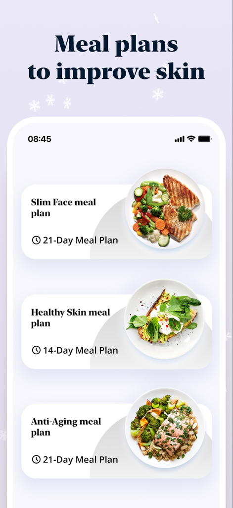 Luvly: Face Yoga Exercises - Interface do aplicativo Luvly mostrando planos de refeição personalizados para rosto fino, pele saudável e antienvelhecimento com imagens de alimentos saudáveis.
