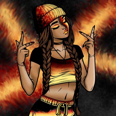 realistic teenage girl with braids and a beanie and crop top doing 🫶🏼