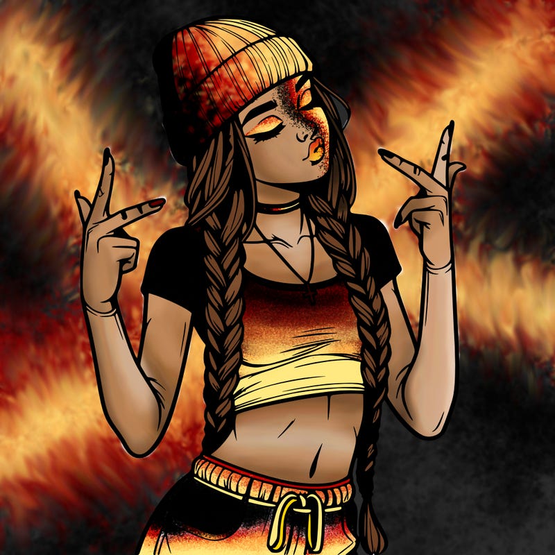 realistic teenage girl with braids and a beanie and crop top doing 🫶🏼