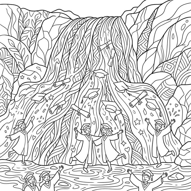 Dive into a unique celebration with this intricate coloring page featuring joyous graduates beneath a majestic fan waterfall. Caps and diplomas cascade down, symbolizing accomplishment and the exciting journey ahead.