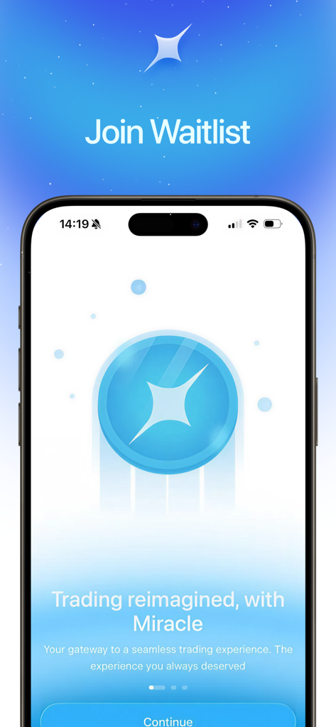 Miracle - Trading Reimagined - Tela de onboarding da lista de espera do aplicativo de trading Miracle com prompt para entrar e o logotipo da marca.