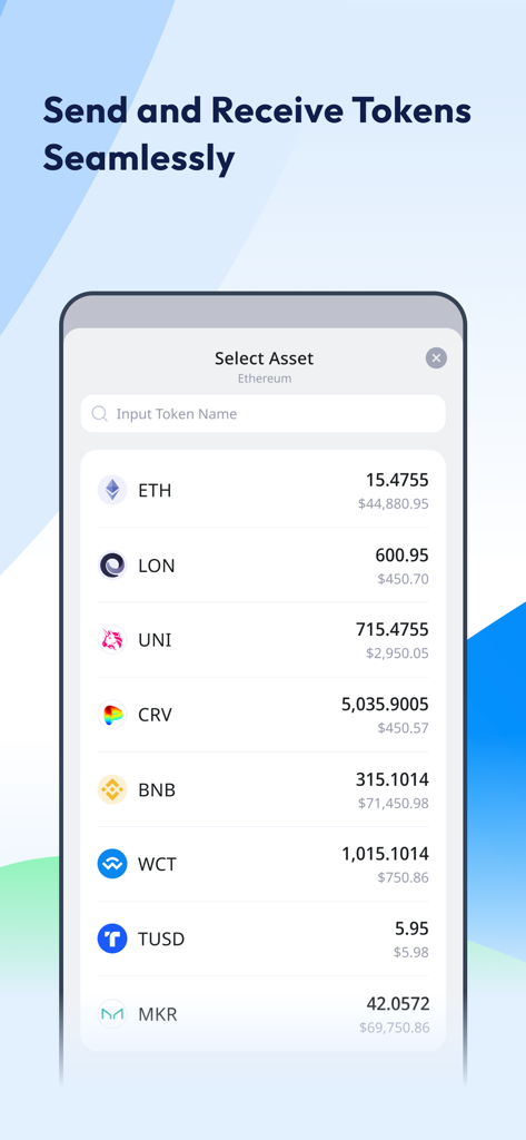 Interface do app imToken mostrando vários tokens cripto e saldos para transações fáceis