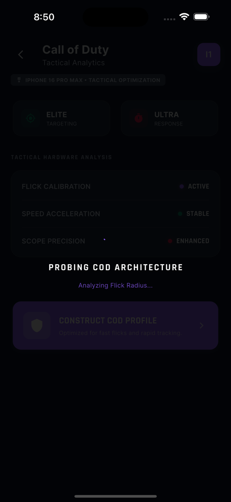 Interfaz de la aplicación Sensi Tracker que muestra el análisis de hardware y la calibración de sensibilidad para Call of Duty Mobile.