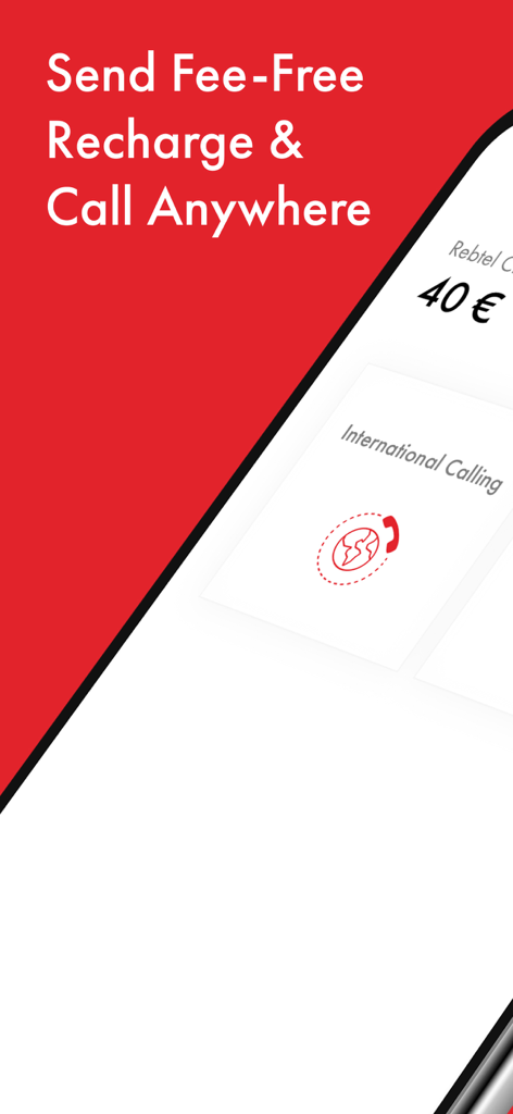 Rebtel app screen for sending fee-free recharges and making international calls