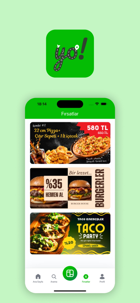 YOUR ORDER - Tela de ofertas do aplicativo móvel YOUR ORDER apresentando promoções de pizza, hambúrguer e taco