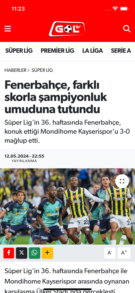 Gol TV - トルコ・スュペル・リグのフェネルバフチェに関するニュース記事を表示するGol TVモバイルアプリ