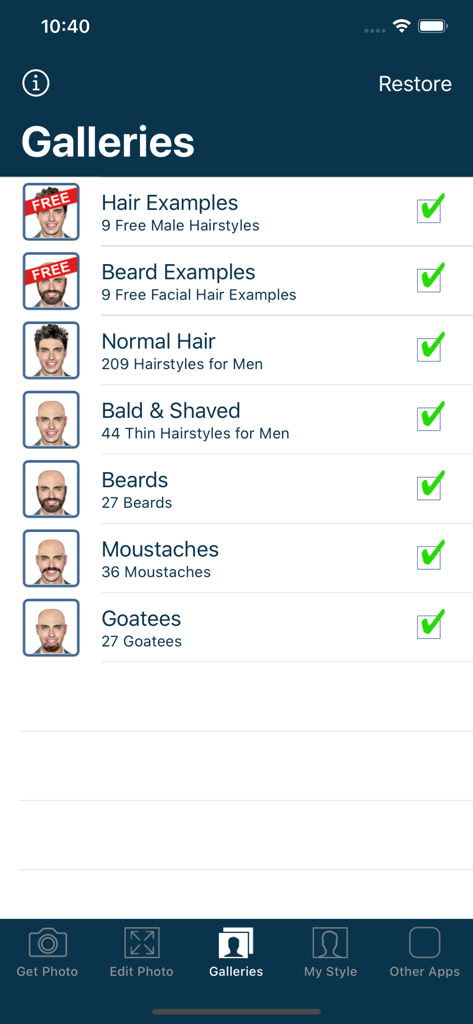 Galleries screen in the Hair and Beard Styles app showing different hairstyle and facial hair categories