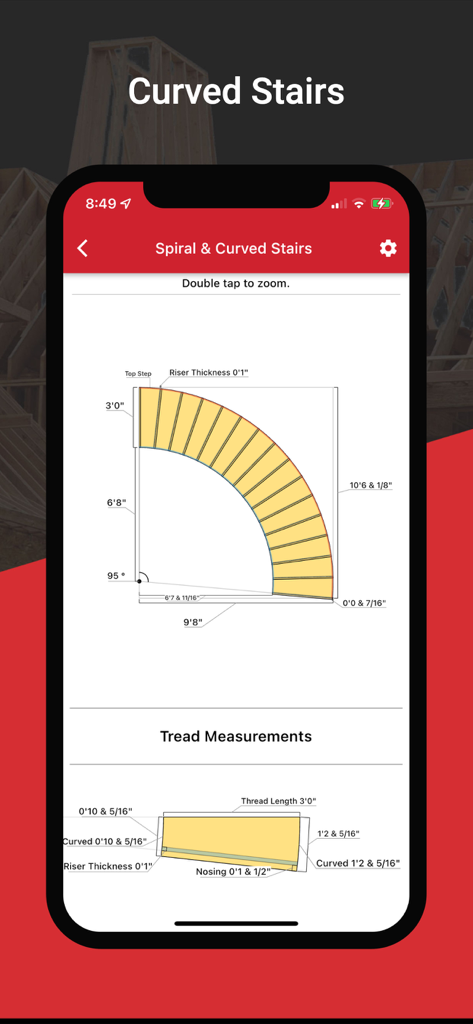 RedX Stairs - 3D Calculator - Mobile app showing curved stair plans and precise tread measurements for construction