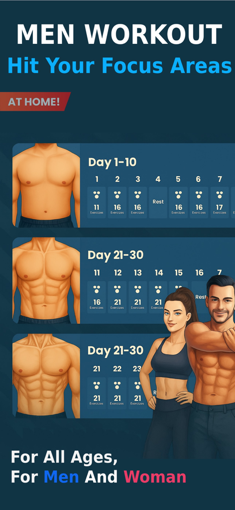 Home Workouts for Men at Home - App interface showing a 30 day home workout plan for men and women focusing on muscle transformation