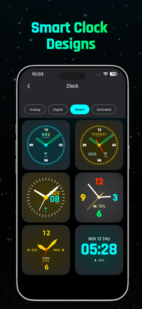 Digital Neon Night Clock - A selection of smart neon clock designs and widgets displayed on a mobile phone interface.