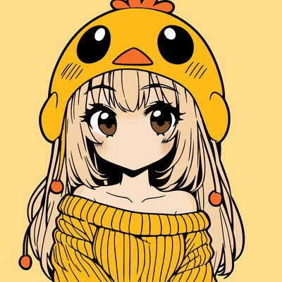 anime girl with chick shaped hat with sweater with bare shoulders with bangs covering them one eye with low tail