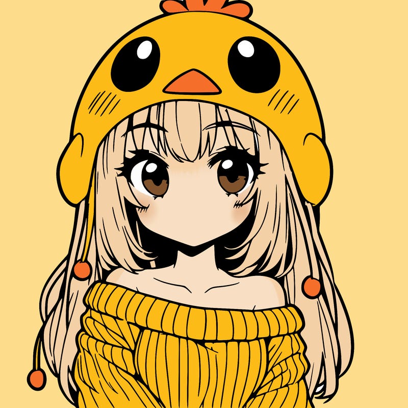 anime girl with chick shaped hat with sweater with bare shoulders with bangs covering them one eye with low tail