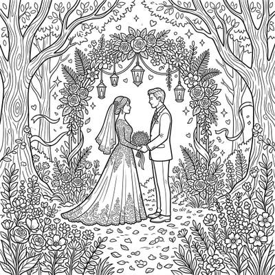 Step into a world of romance with this beautiful Forest Wedding coloring page, featuring a loving couple amidst lush forest flowers and a stunning floral arch. It's the perfect scene to bring to life with your favorite colors.