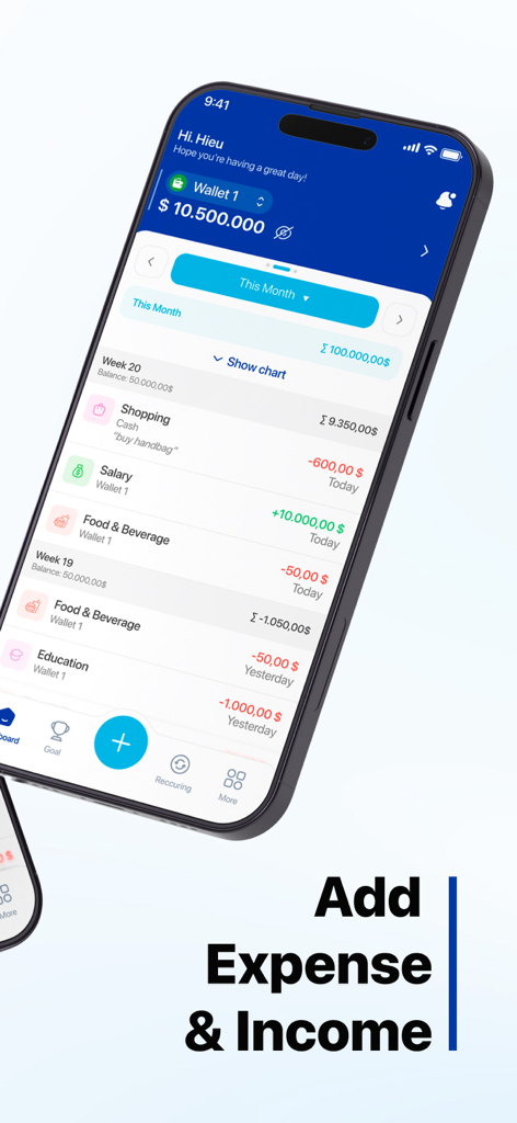MoneyNote: Save and Track - MoneyNote ZenExpense app interface displaying a categorized list of daily financial transactions and an add button.