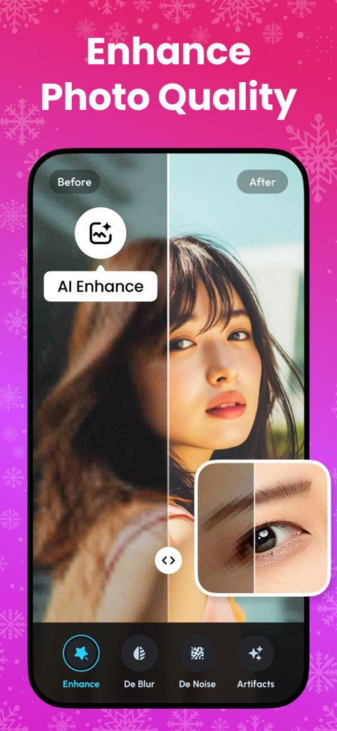 Edit Up: AI Photo Video Editor - Comparación antes y después de un retrato mejorado con IA para una mejor calidad de foto.