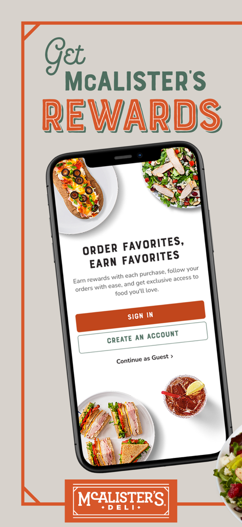 McAlisters Deli mobile app screen showcasing rewards program with sign in and account creation options
