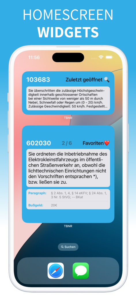 Tatbestandskatalog - iPhone home screen displaying two widgets from the Tatbestandskatalog app showing recently opened violations and favorites