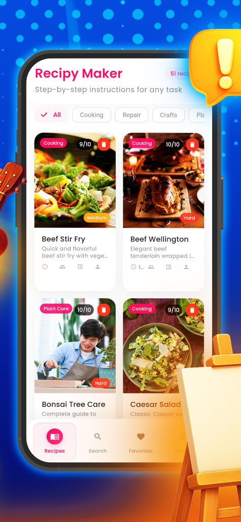 Recipy Maker app interface displaying a list of step-by-step guides for recipes and hobbies like cooking and plant care