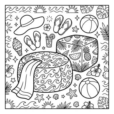 Escape to a sunny paradise with this charming coloring page, showcasing two cozy ottomans surrounded by delightful summer vacation essentials. Immerse yourself in tropical patterns, beach accessories, and sweet treats, ready for your artistic touch.