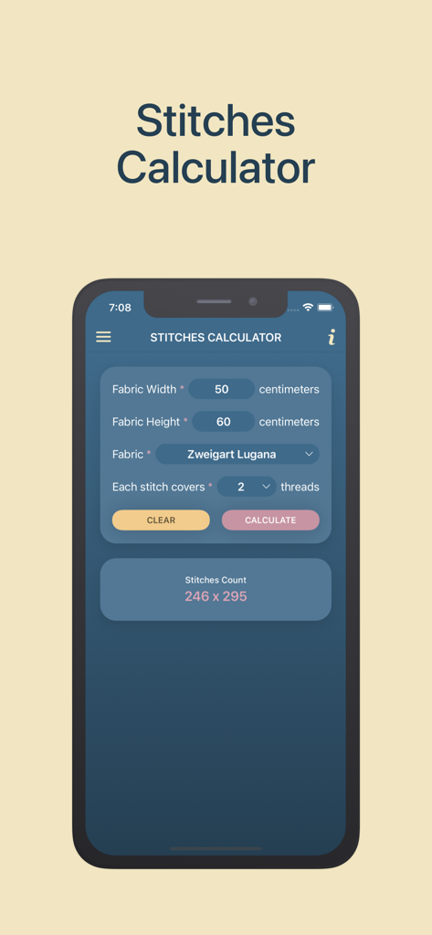 Interface da ferramenta Calculadora de Pontos mostrando dimensões do tecido e resultados da contagem de pontos