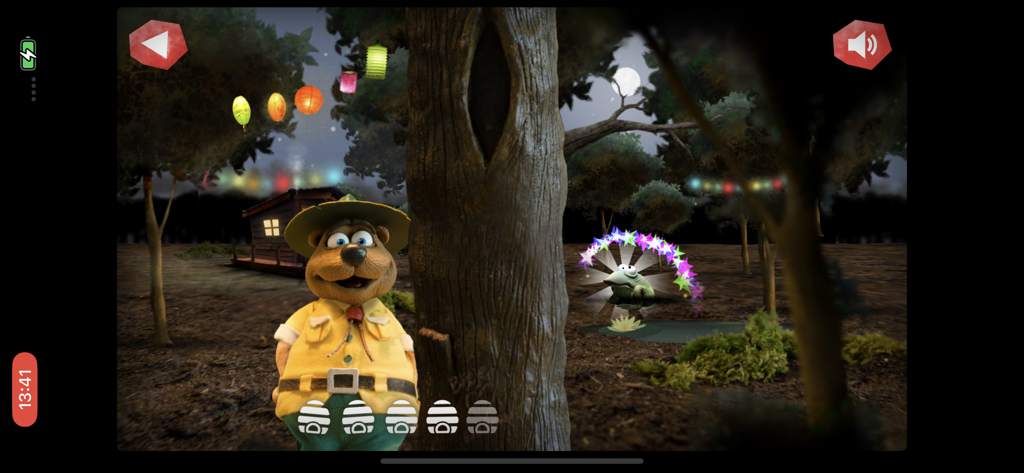 Bollo the bear in a night forest scene with colorful lanterns and a glowing frog.