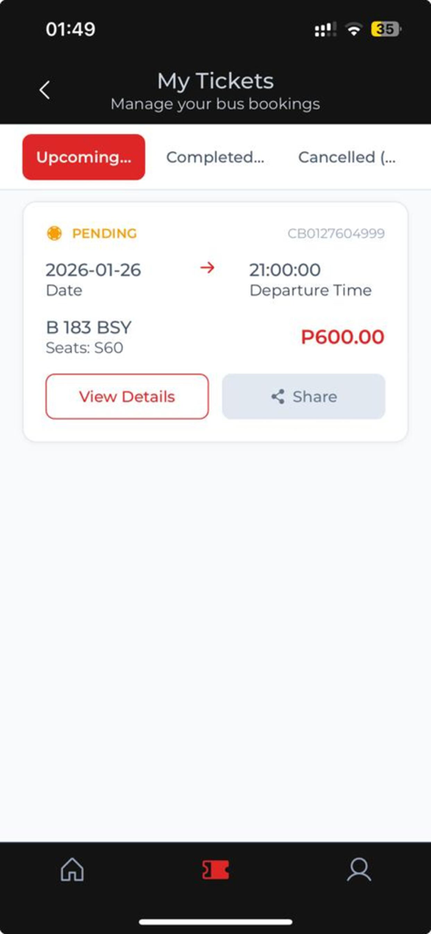 CityBus - Ecrã "Os Meus Bilhetes" da aplicação CityBus mostrando uma reserva de autocarro pendente com detalhes de partida