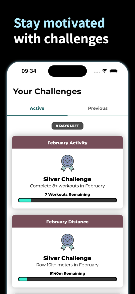 Rowing Machine Workouts - Mobile app screen showing active monthly rowing challenges with progress bars for workouts and distance.