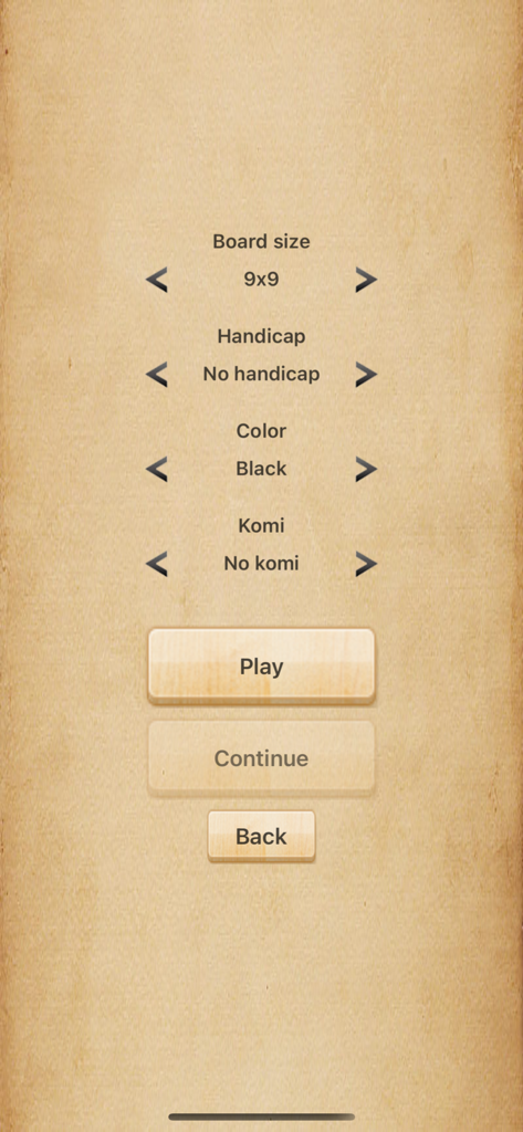 Go: Board Game - Menu de configurações do jogo Go Board Game mostrando tamanho do tabuleiro e opções de handicap