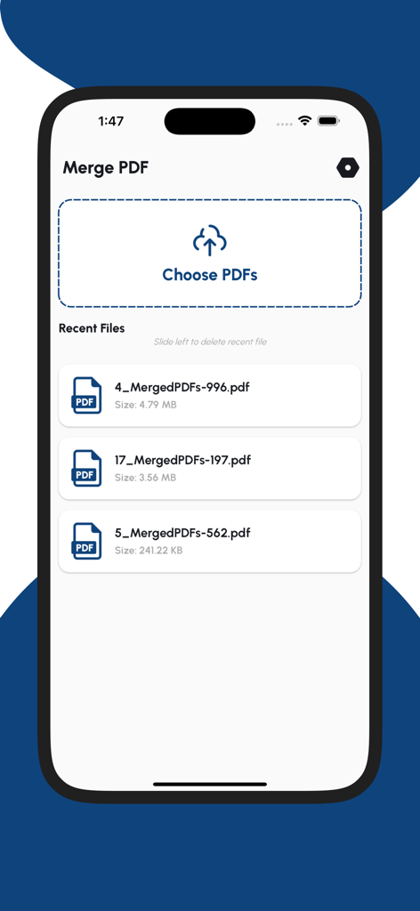 Merge PDF - Combine PDF Files - Interface of the Merge PDF app showing options to choose documents and view recent files.