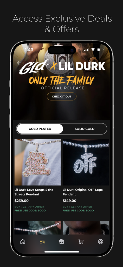 The GLD Shop - The GLD Shop mobile app interface displaying a collaboration with Lil Durk and exclusive Only The Family OTF jewelry pendants