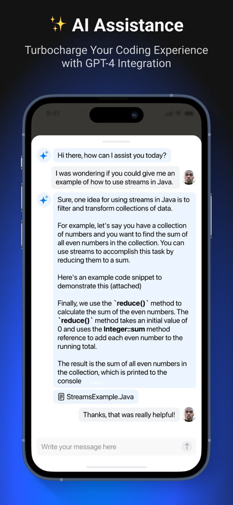 CodeSnack IDE - Mobile interface of CodeSnack IDE showing an AI assistant providing a Java code example.