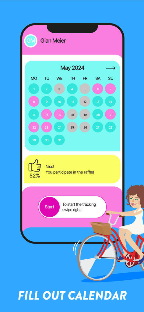 Interface of the bike to work app showing a monthly calendar for logging cycling commutes and a notification for raffle eligibility.