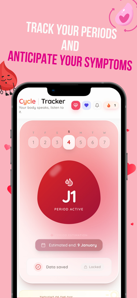 EndoCare : Endo/Period Tracker - EndoCare mobile app cycle tracker displaying active period status and upcoming cycle predictions.