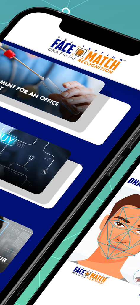 Find out if you are related - DNA Face Match app interface showing biometric facial recognition scanning and relationship verification cards