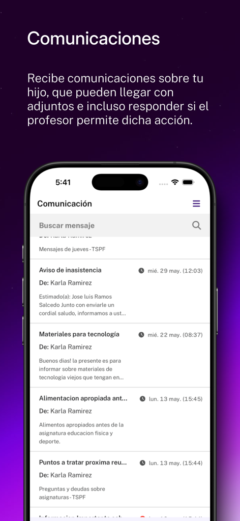 Lirmi Familia - Une interface mobile de l'application Lirmi Familia montrant une liste de communications scolaires et de messages d'enseignants pour les parents.