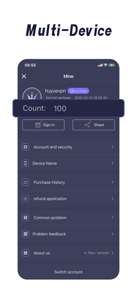 HuYue VPN - Pantalla de perfil de usuario de la aplicación HuYue VPN que muestra la configuración de la cuenta y las opciones de múltiples dispositivos