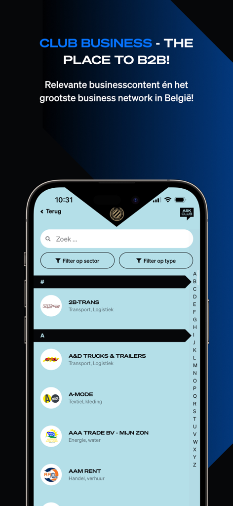 Club Brugge - Tela do aplicativo do Club Brugge mostrando um diretório de negócios para networking B2B