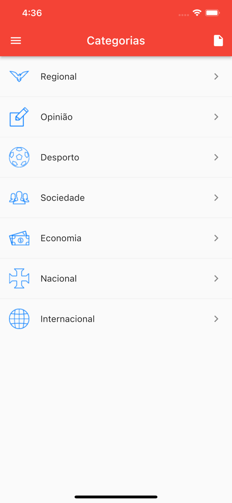 Correio dos Açores - Menu de categorias de notícias da aplicação Correio dos Açores mostrando as secções regional, desportiva e económica