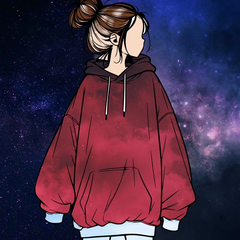 realistic girl with a oversized sweatshirt on and a bun