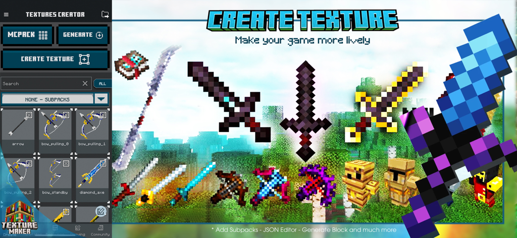 Texture maker for Minecraft PE - Interface of the Texture Maker for Minecraft PE app showing a gallery of custom-designed swords and tools.