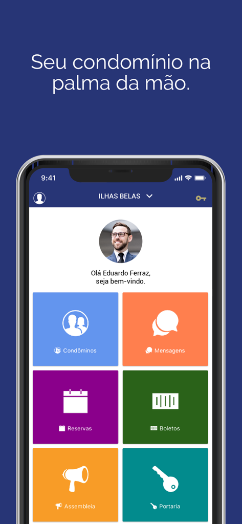 Athus Administradora - Dashboard of the Athus Administradora app showing icons for residents, messages, reservations, and bills.