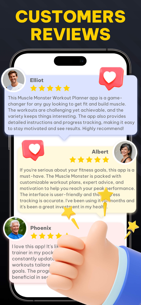 Muscle Monster Workout Planner - Smartphone screen showing five-star customer reviews and positive testimonials for the Muscle Monster Workout Planner app.